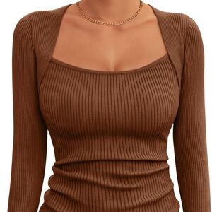 Brown Ribbed Knit Pullover Sweater Top